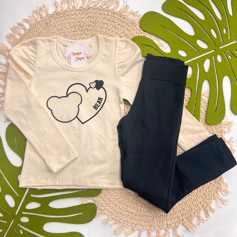 Inverno 2025 - Conj. Blusa Bear Coração e Calça Legging - Off White e Preto