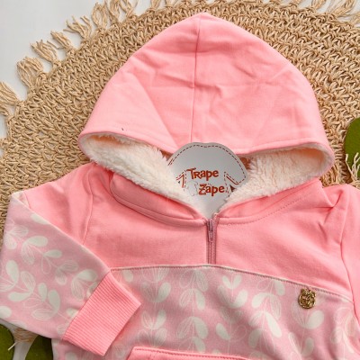 Inverno 2025 - Conjunto Folhagem Casaco com Capuz Pelinhos e Calça Moletom - Rosa 