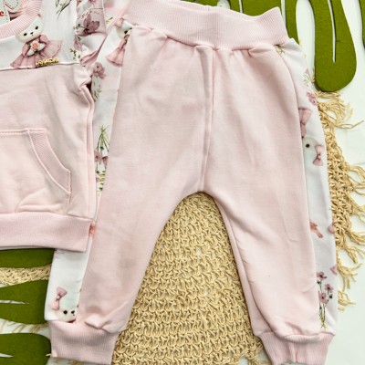 Inverno 2025 - Conjunto Ursinha com Flor Babadinhos Casaco e Calça - Rosa Claro