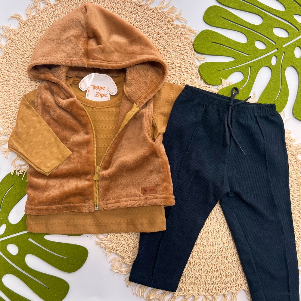 Inverno 2025 - Conj. Colete em Plush com Capuz, Blusa Manga Longa e Calça - Marrom e Preto