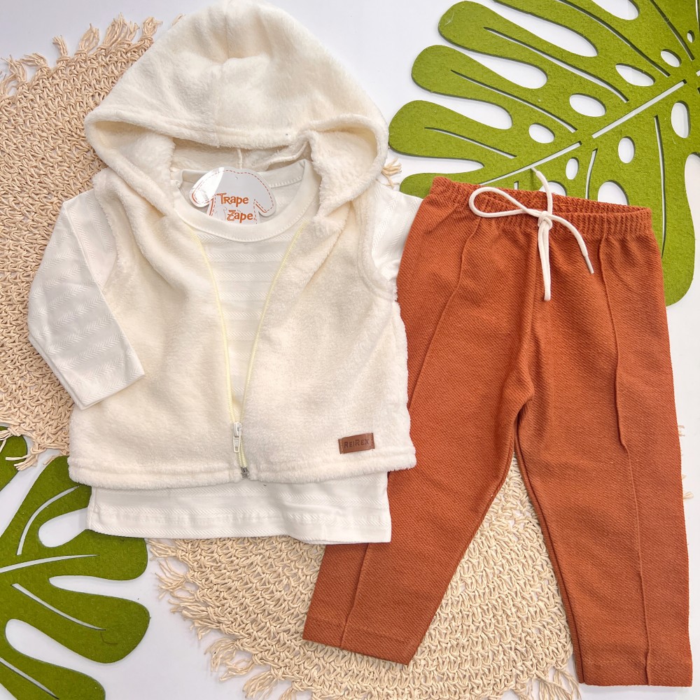 Inverno 2025 - Conj. Colete em Plush com Capuz, Blusa Manga Longa e Calça - Off White e Ferrugem