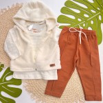 Inverno 2025 - Conj. Colete em Plush com Capuz, Blusa Manga Longa e Calça - Off White e Ferrugem