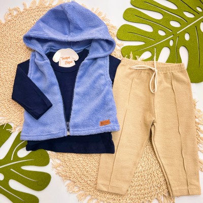 Inverno 2025 - Conj. Colete em Plush com Capuz, Blusa Manga Longa e Calça - Azul e Areia