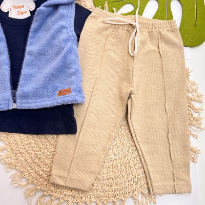 Inverno 2025 - Conj. Colete em Plush com Capuz, Blusa Manga Longa e Calça - Azul e Areia