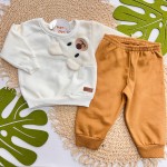 Inverno 2025 -  Conj. Blusa Urso Polar e Calça em Moletom - Off White e Caramelo