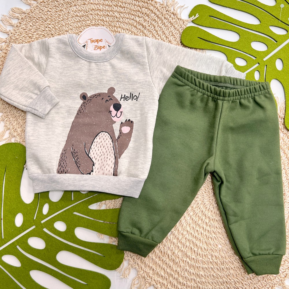 Inverno 2025 -  Conj. Casaco Hello Bear e Calça em Moletom - Mescla e Verde