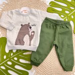Inverno 2025 -  Conj. Casaco Hello Bear e Calça em Moletom - Mescla e Verde