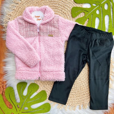 Inverno 2025 - Conj. Jaqueta Tweed e Calça em Plush - Rose e Preto