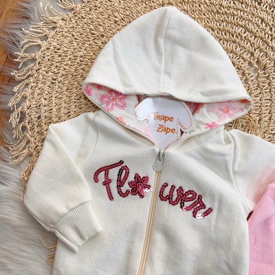 Inverno 2025 - Conj. Jaqueta Flower e Calça em Moletom - Off White e Rosa
