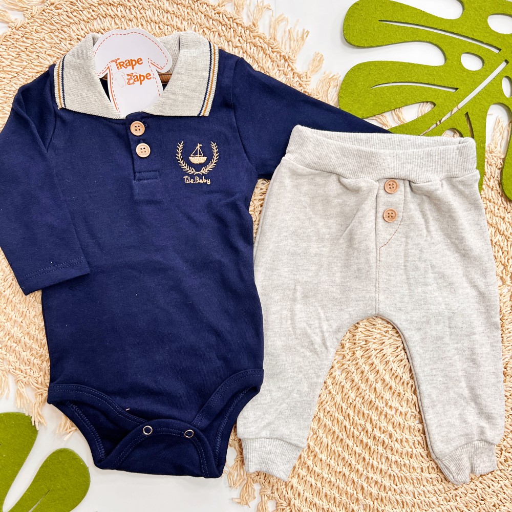 Inverno 2025 - Conj. marinheiro body marinho gola polo e calça saruel mescla