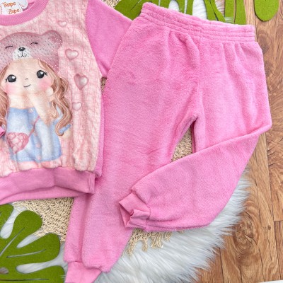 Inverno 2025 - Conj. Casaco Garotinha e Calça em Plush - Rosa
