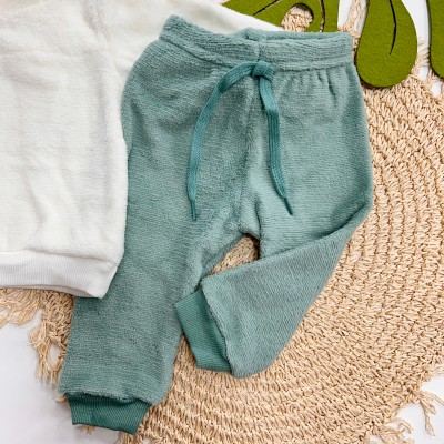 Inverno 2025 - Conj. Baby Fox casaco com capuz e calça em Plush off white e verde 