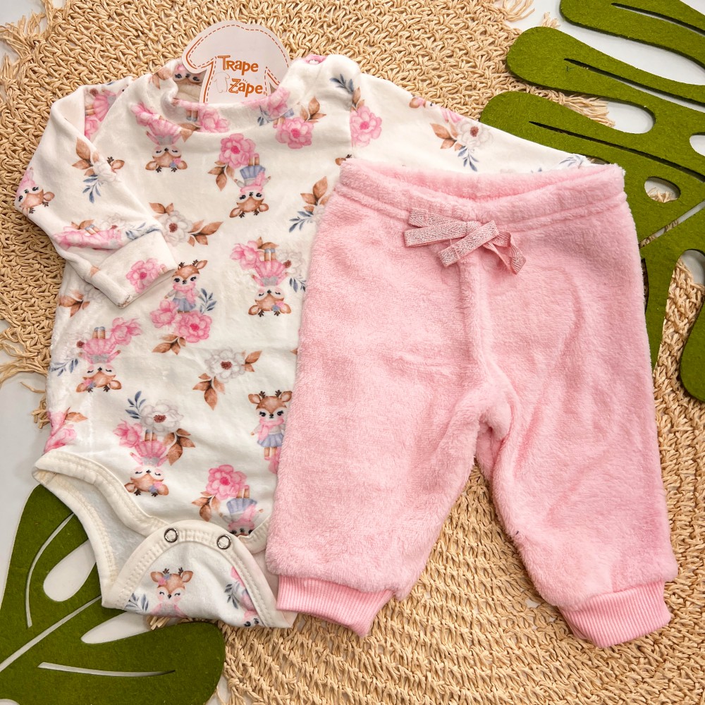 Inverno 2025 - Conj. Body Bebê Rena e Calça em Plush - Off White e Rosa