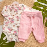 Inverno 2025 - Conj. Body Bebê Rena e Calça em Plush - Off White e Rosa