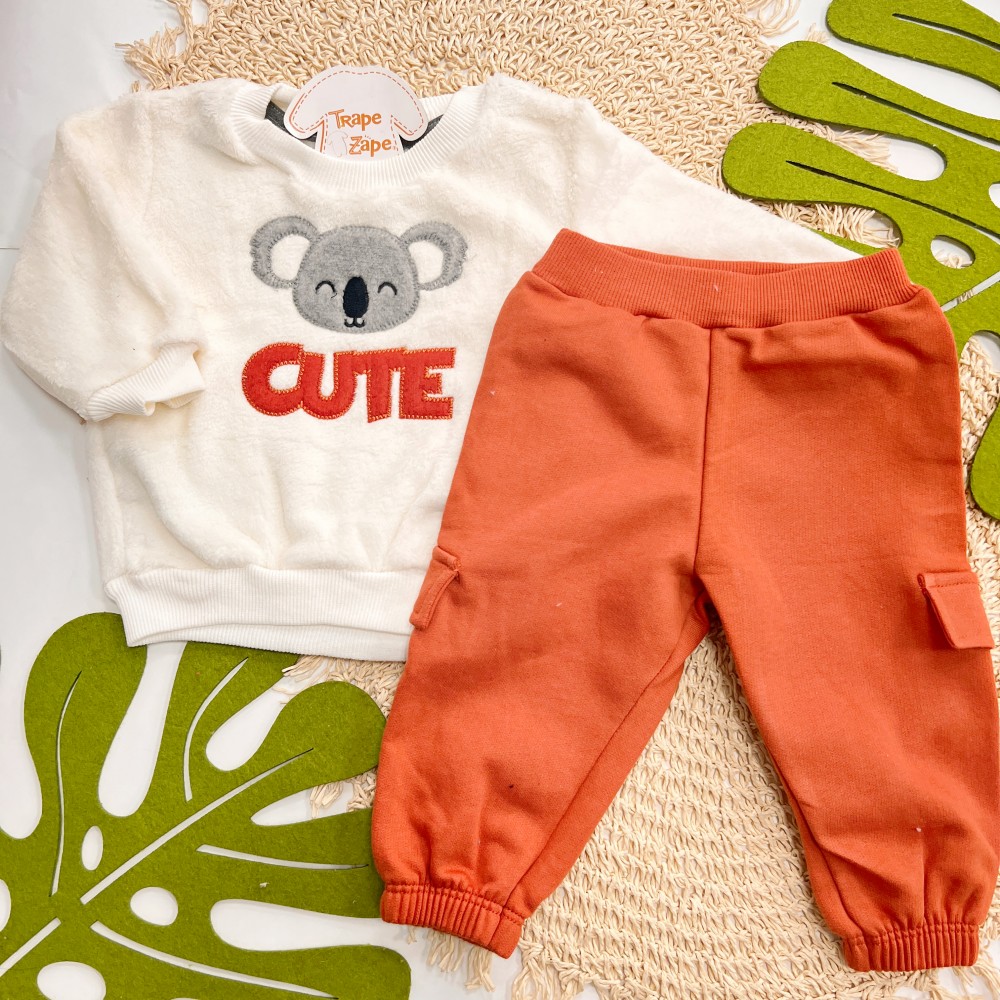 Inverno 2025 - Conj. Casaco Coala Cute e Calça Moletom - Off White e Ferrugem