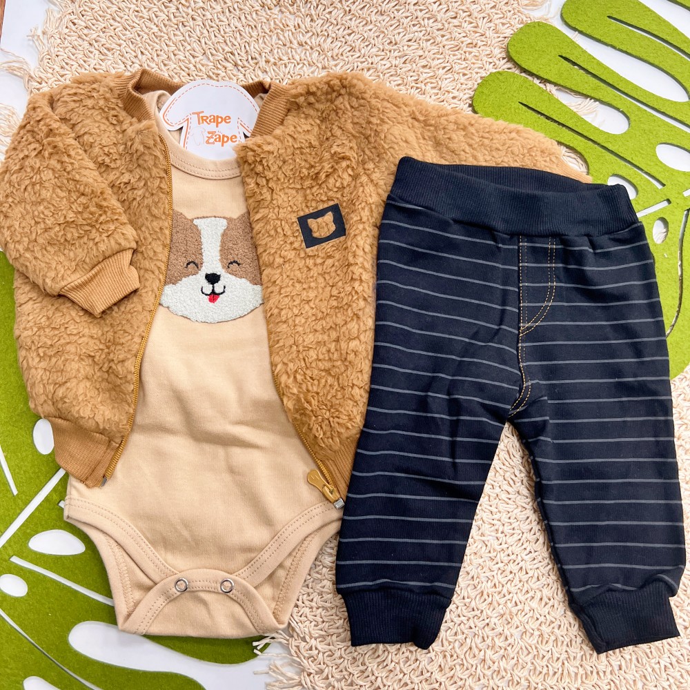 Inverno 2025 - Conj. Jaqueta em Soft, Body Dog e Calça - Marrom e Preto