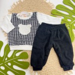 Inverno 2025 - Conj. Casaco Ursa com Strass e Calça em Plush - Preto e Off White