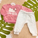 Inverno 2025 - Conj. Casaco Cute Bear e Calça em Plush - Rose e Off White