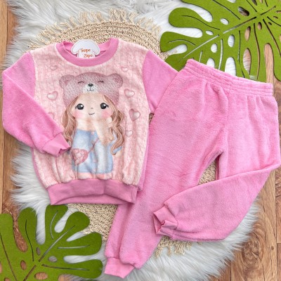 Inverno 2025 - Conj. Casaco Garotinha e Calça em Plush - Rosa