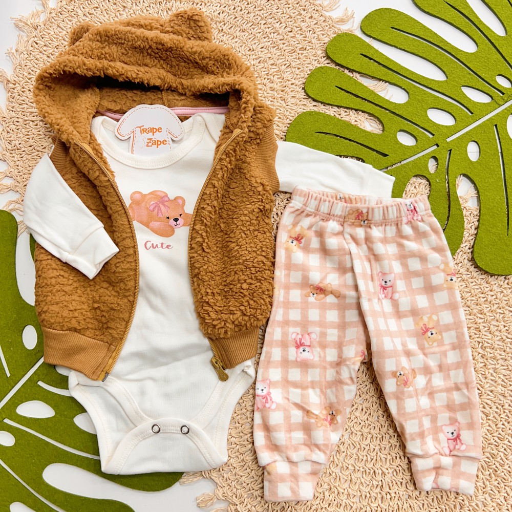 Inverno 2025 - Conj. Colete com Capuz Ursinha, Body Cute e Legging - Marrom e Off White
