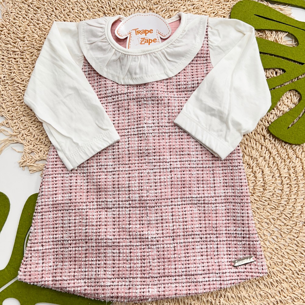 Inverno 2025 - Vestido em Tweed Manga Longa - Off White e Rose