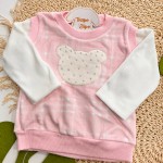 Inverno 2025 - Conj. Casaco Ursa com Strass e Calça em Plush - Rosa e Off White