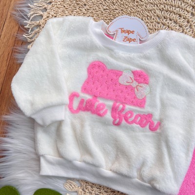Inverno 2025 - Conj. Casaco Cute Bear e Calça em Plush - Pink e Off White