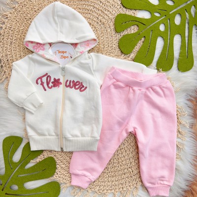 Inverno 2025 - Conj. Jaqueta Flower e Calça em Moletom - Off White e Rosa