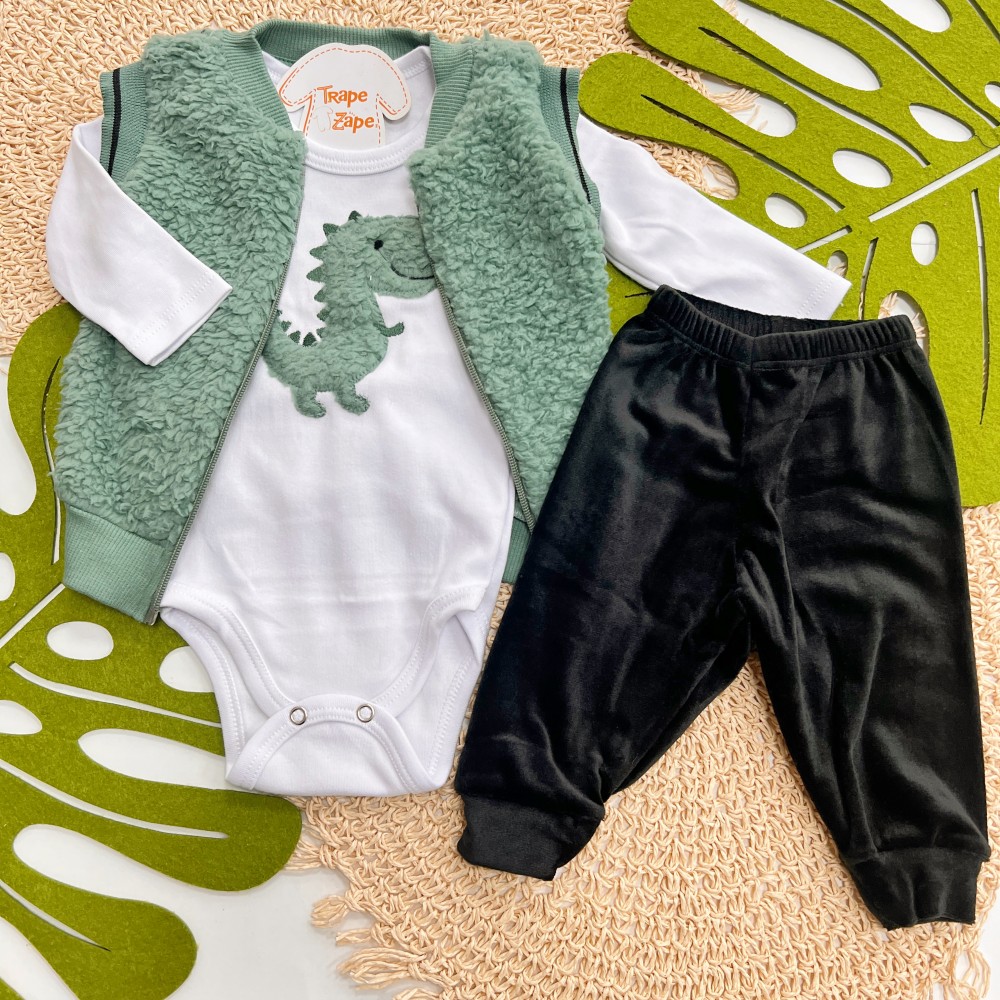 Inverno 2025 - Conj. Colete em Soft, Body Dino e Calça - Branco e Verde