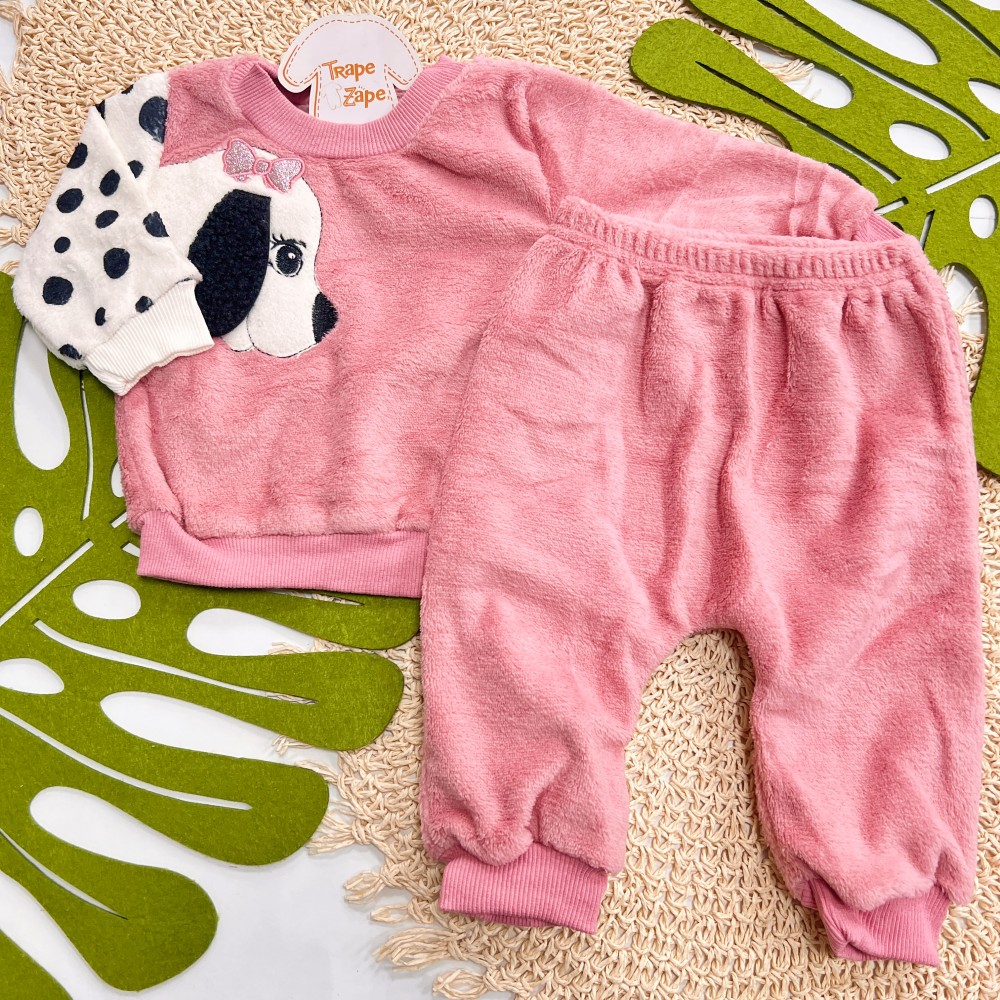  Inverno 2025 - Conj. Casaco Puppy Dalmata e Calça em Plush - Rose e Off White