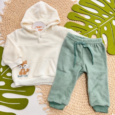 Inverno 2025 - Conj. Baby Fox casaco com capuz e calça em Plush off white e verde 