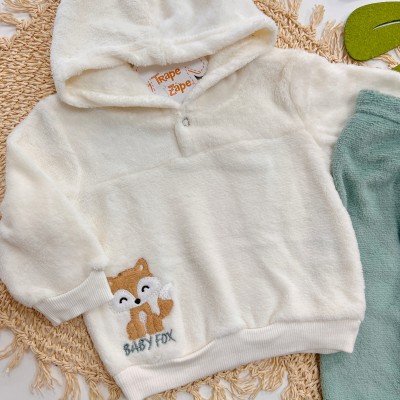Inverno 2025 - Conj. Baby Fox casaco com capuz e calça em Plush off white e verde 