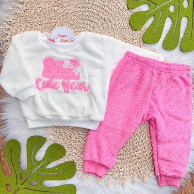 Inverno 2025 - Conj. Casaco Cute Bear e Calça em Plush - Pink e Off White