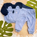 Inverno 2025 - Conj. Casaco Coala Baby e Calça em Plush - Marinho e Azul Claro