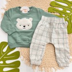Inverno 2025 - Conj. Casaco Castor Bebê e Calça Quadriculada - Verde e Off White
