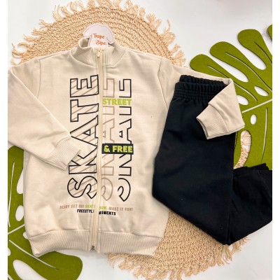 Inverno 2025 - Conj. Jaqueta Skate Free e Calça em Moletom -Areia e Preto