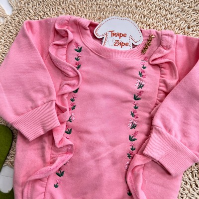 Inverno 2025 - Conj. Casaquinho com Babados e Calça Canelada Florzinhas - Rose e Off White