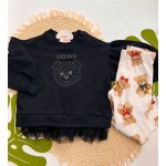 Inverno 2025 - Conj. Blusão em Moletom com Tule e Calça Ursinhas - Preto e Off White