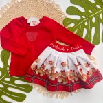 Inverno 2025 - Conj. Blusa Urso Strass e Short Saia Ursinhas - Vermelho e Off White