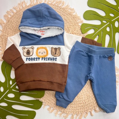 Inverno 2025 - Conj. Casaco com Capuz Forest Friends e Calça - Azul Jeans e Marrom