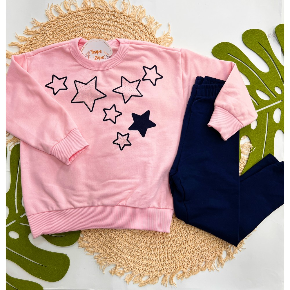 Inverno 2025 - Conj. Blusão em Moletom Estrelas e Legging - Rosa e Marinho