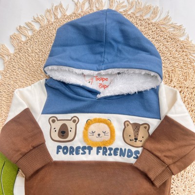 Inverno 2025 - Conj. Casaco com Capuz Forest Friends e Calça - Azul Jeans e Marrom