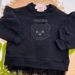 Inverno 2025 - Conj. Blusão em Moletom com Tule e Calça Ursinhas - Preto e Off White