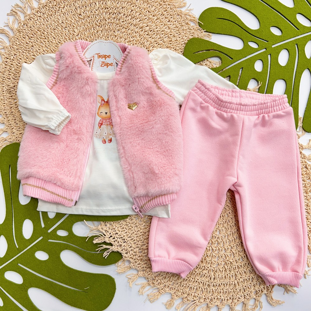 Inverno 2025 - Conj. Colete Pelinho, Blusa Coelhinha e Calça em Moletom - Rosa