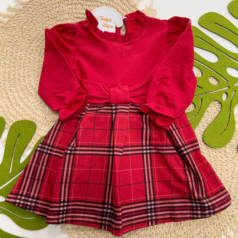 Inverno 2025 - Vestido Manga Longa Xadrez - Vermelho