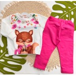 Inverno 2025 - Conj. Blusão Floral com Raposinha e Calça Legging - Off White e Rosa