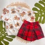 Inverno 2025 - Conj. Blusão Ursas e Short Saia Xadrez - Off White e Vermelho