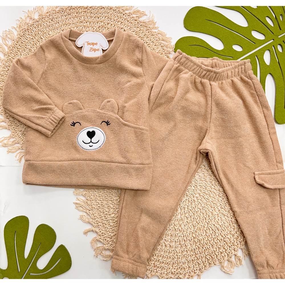Inverno 2025 - Conj. Blusa Ursa Feliz e Calça com Bolso - Bege