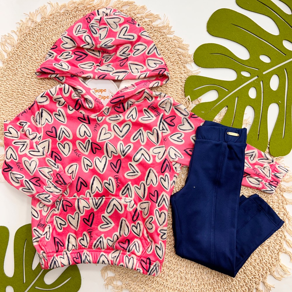 Inverno 2025 - Conj. Jaqueta em Plush Corações e Calça Legging - Pink e Marinho
