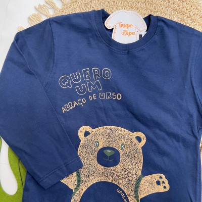 Inverno 2025 - Conj. Blusa "Quero um Abraço de Urso" e Calça em Moletom - Marinho e Areia